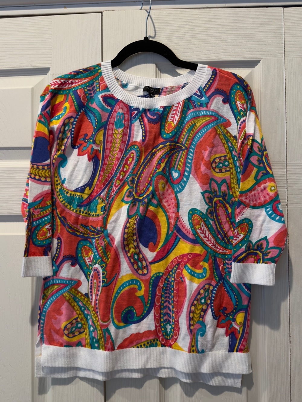 Talbots 3/4 sleeve Multicolor Paisley Print Top - Bright White Trim